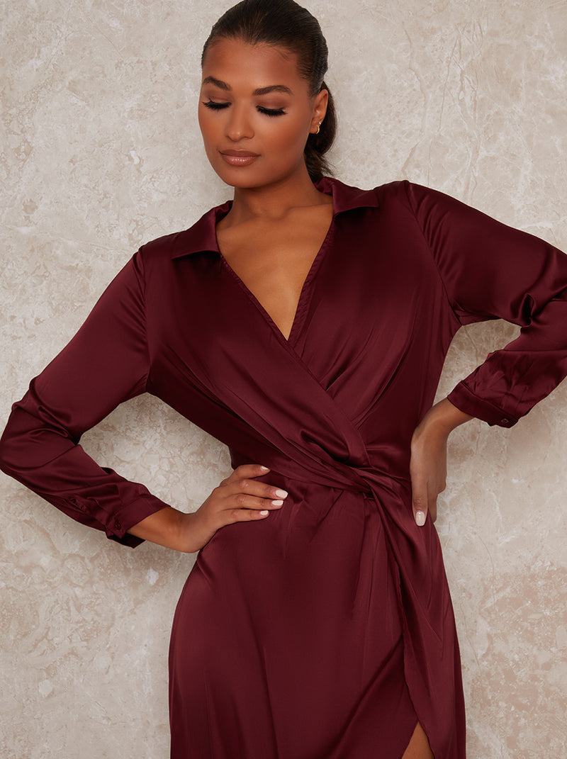 Wrap Long Sleeve Split Midi Dress in ...